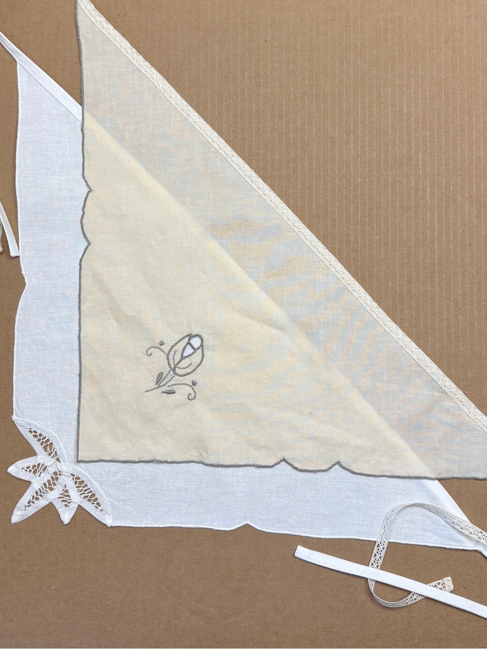 Vintage Embroidered Cotton Triangle Headscarf Set of 2 in Off-White and White